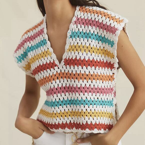 Maeve Anthropologie striped Crochet Vest OS Multicolored Cotton Festival - Picture 1 of 15